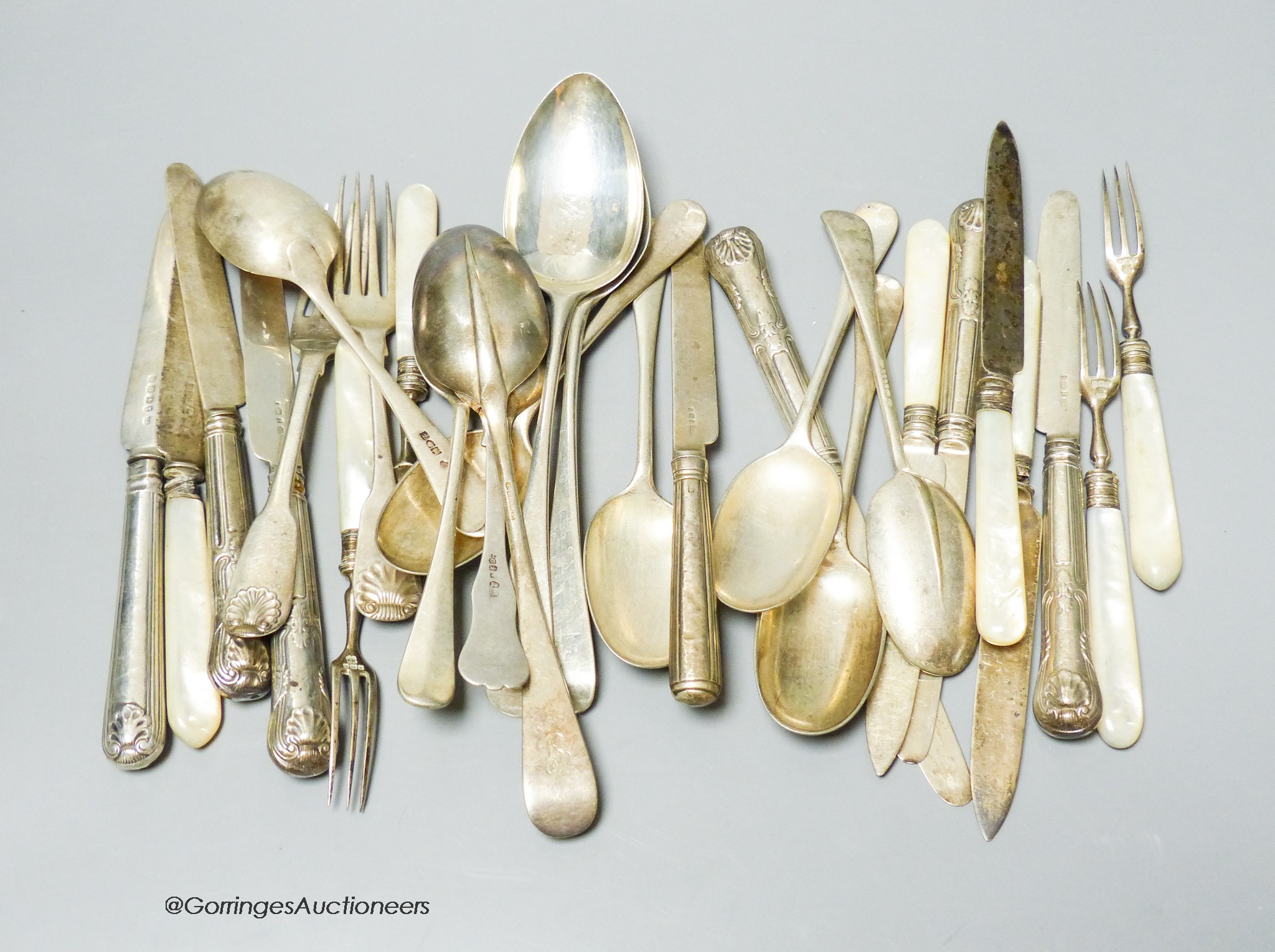 A mixed group of 19th century and later silver and plated cutlery, various dates, makers, patterns, etc. weighable silver 7.5oz.